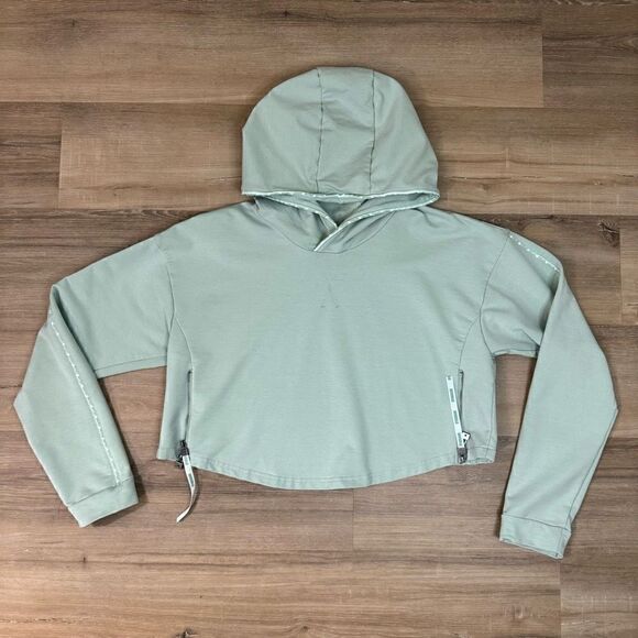 Gymshark Women's L Crop Hoodie Sweatshirt Light Sage Green Pumpcover Logo Stripe - Picture 1 of 5